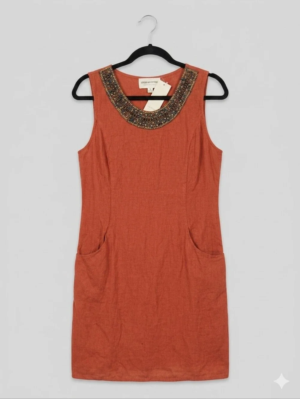 NWT Lina Tomei Linen Coccio Dress, Sz M. Rust, Burnt Orange With Beading - Picture 1 of 10